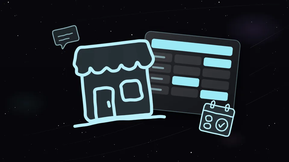 Shop front, spreadsheet, booking calendar and chat bubble under a starry sky.